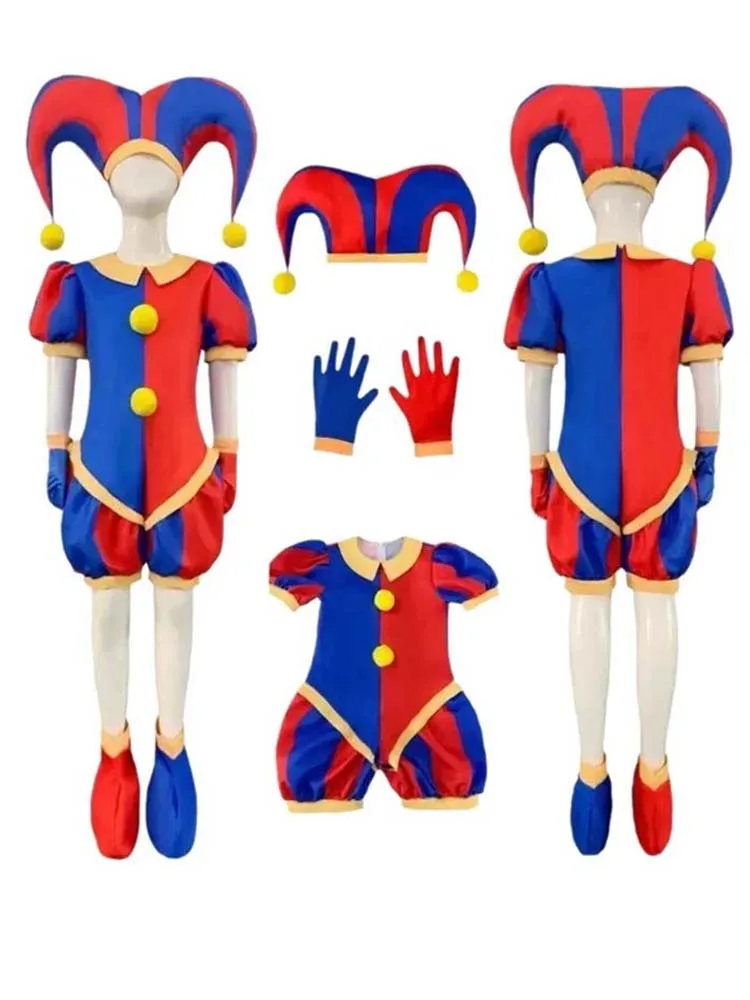 Pomni Cosplay combinaison avec chapeau aShoes couverture gants tenues de cirque virtuelle magique pour Halloween carnaval cirque Pomni Costumes