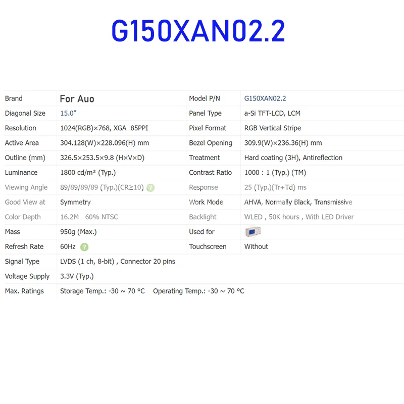 G150XAN02.2 Painel de tela LCD de 15,0 polegadas novo original para Auo LVDS 20 pinos totalmente testado