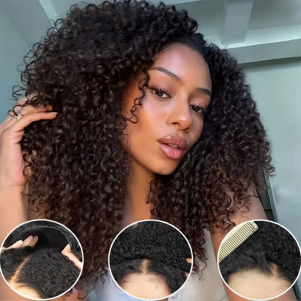 

Афро-кудрявые полупарики для чернокожих женщин, плотность 250%, 3 в 1, полупарик из человеческих волос с шнурком, афро-кудрявые парики, натуральный черный