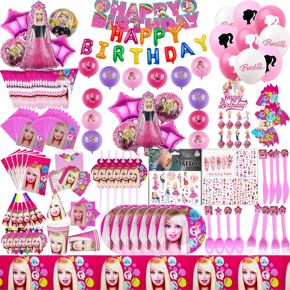 Pink Barbiee Girls Birthday Party Decorations Paper Tableware PlateS Tablecolth Balloon For Princess Baby Shower Party Supplies