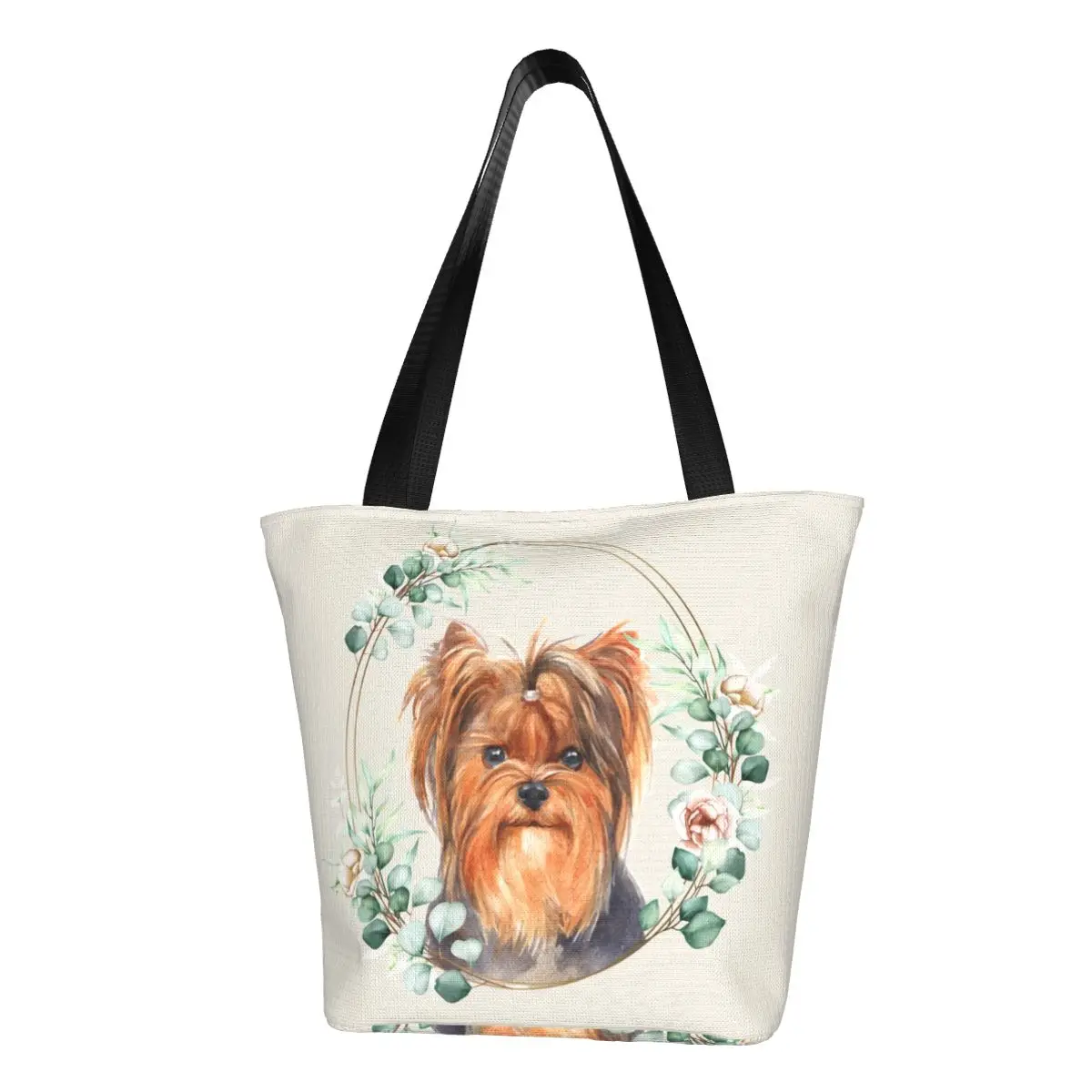 

Yorkshire Terrier Dog In Floral Gold Wreath Shopping Tote Bag Recycling Yorkie Pet Lover Grocery Canvas Shoulder Shopper Bag