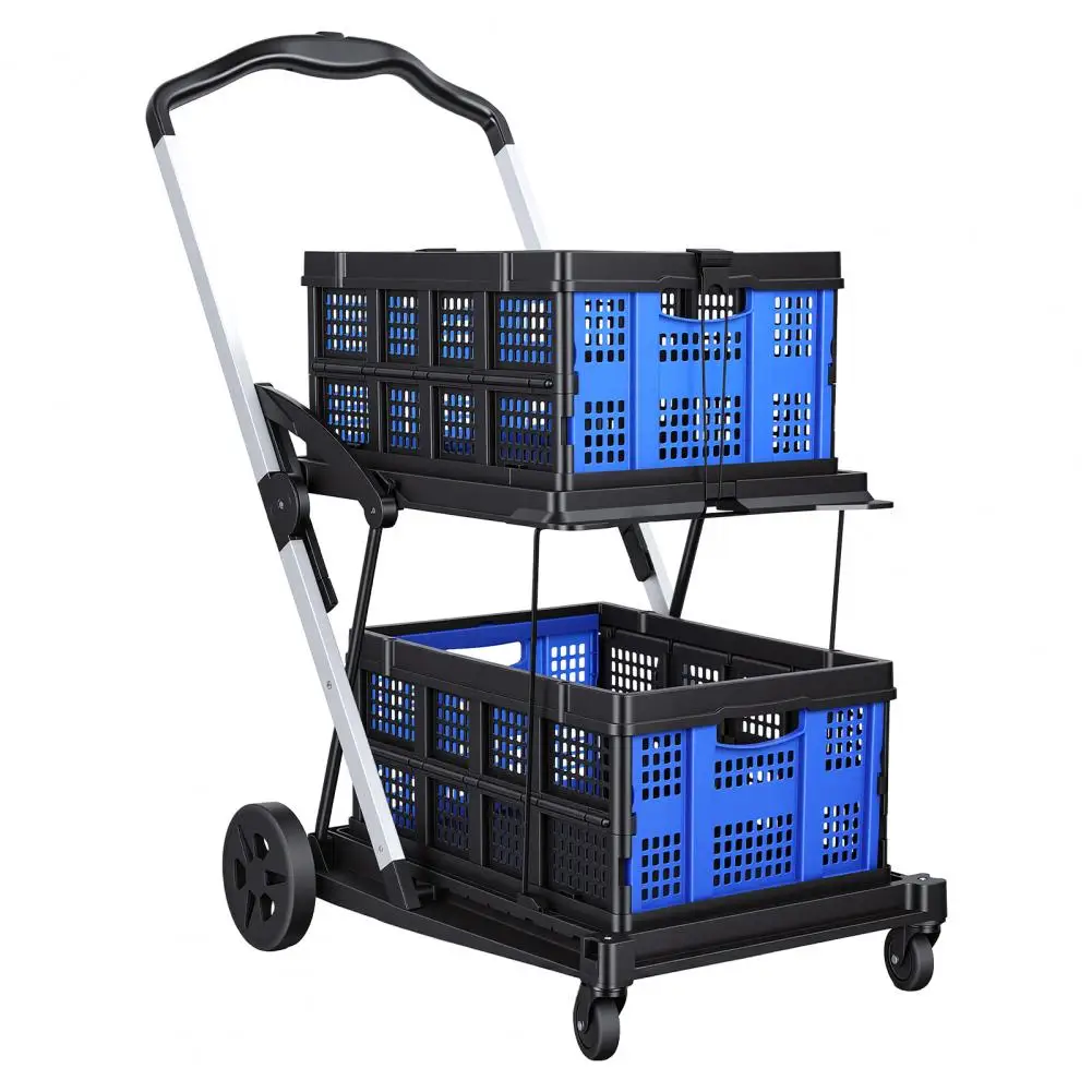 2-Tier Foldable Shopping Trolley Heavy Duty Collapsible Grocery Cart Blue 360 Degree Wheels & Retractable Fixing Bands
