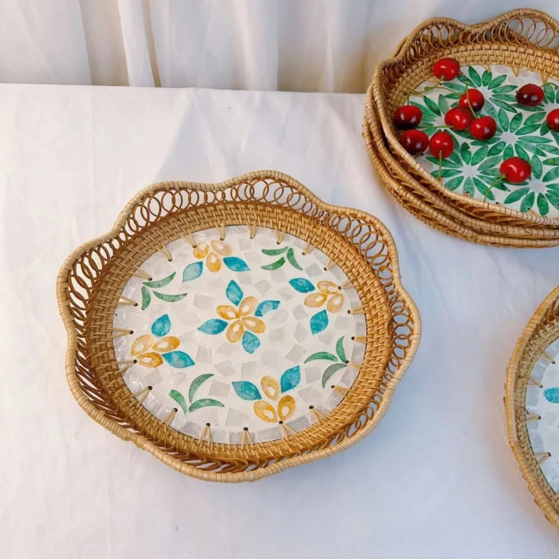 Autumn rattan woven fruit basket woven bread basket living room household storage basket dim sum round shell tray storage