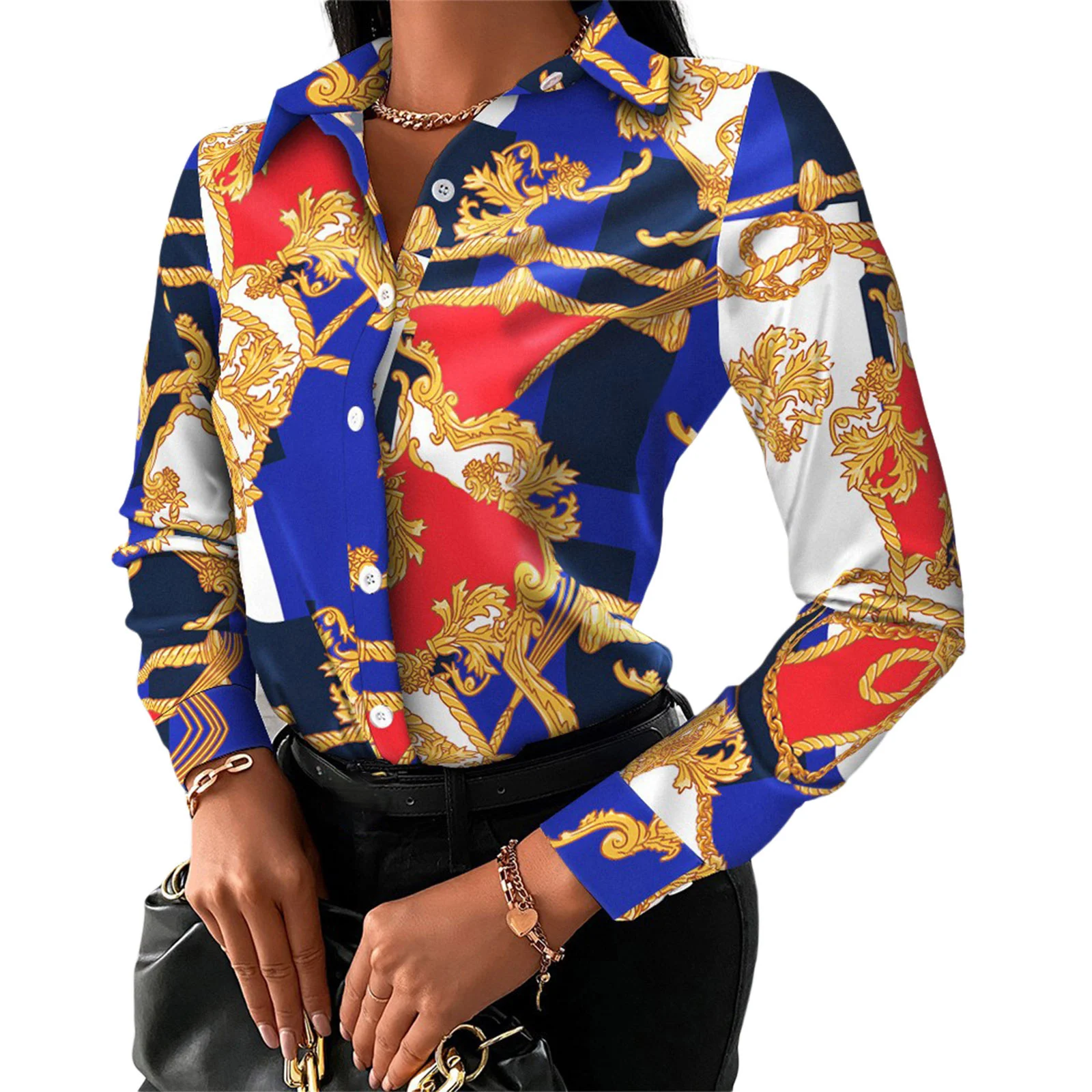 Women Fashion Wild Shirts Chain/Floral/Letter/Geometric Square Print Turn-Down Collar Long Sleeve Blouses Streetwear