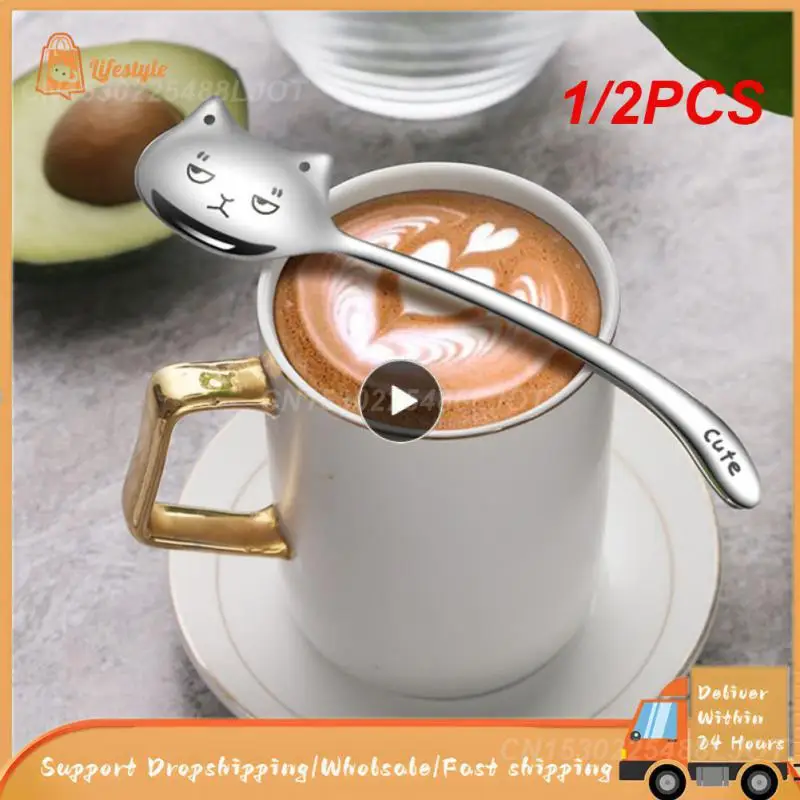 1/2PCS Stainless Steel Teaspoon Cute Tea-spoon Non-slip Coffee Spoon Long Tail Cat Rust-proof Birthday Gift Smooth Dessert Spoon