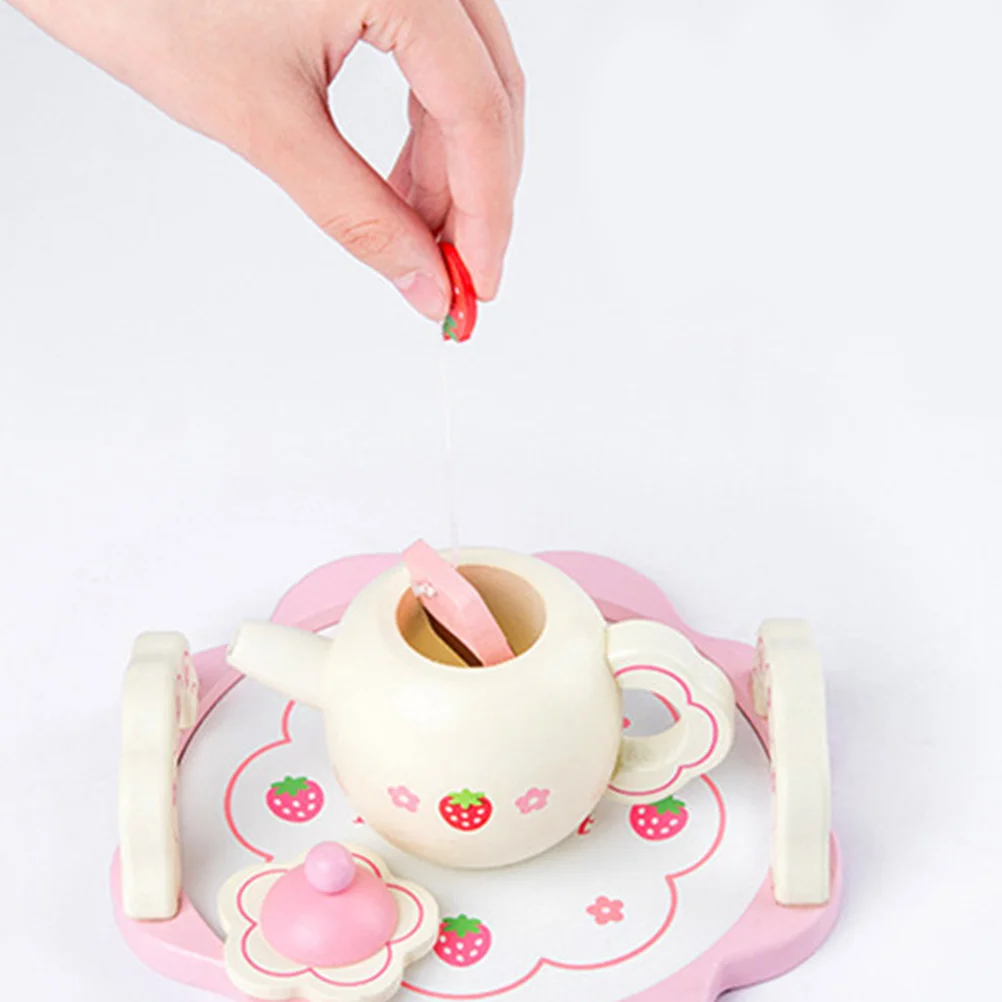 1 Set Kids Tea Ware Toys Wooden Tea Ware Toys Simulation Pink Tea Ware Toys Wooden Children Toys (Accessories for Random Color)