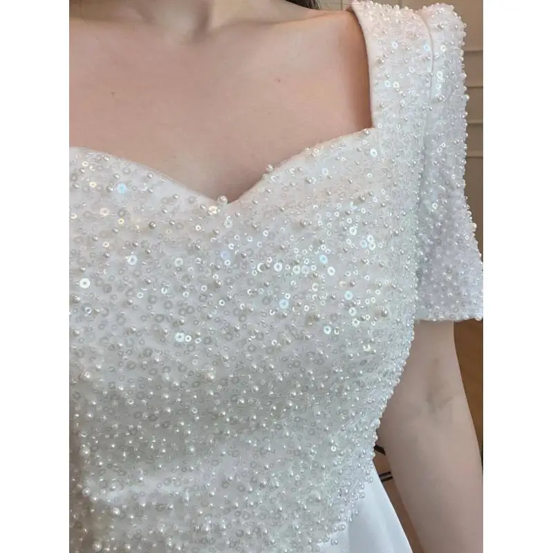 Vestido de casamento leve com lantejoulas de cetim, mangas curtas simples, certificado de noivado, vestido de noite personalizado