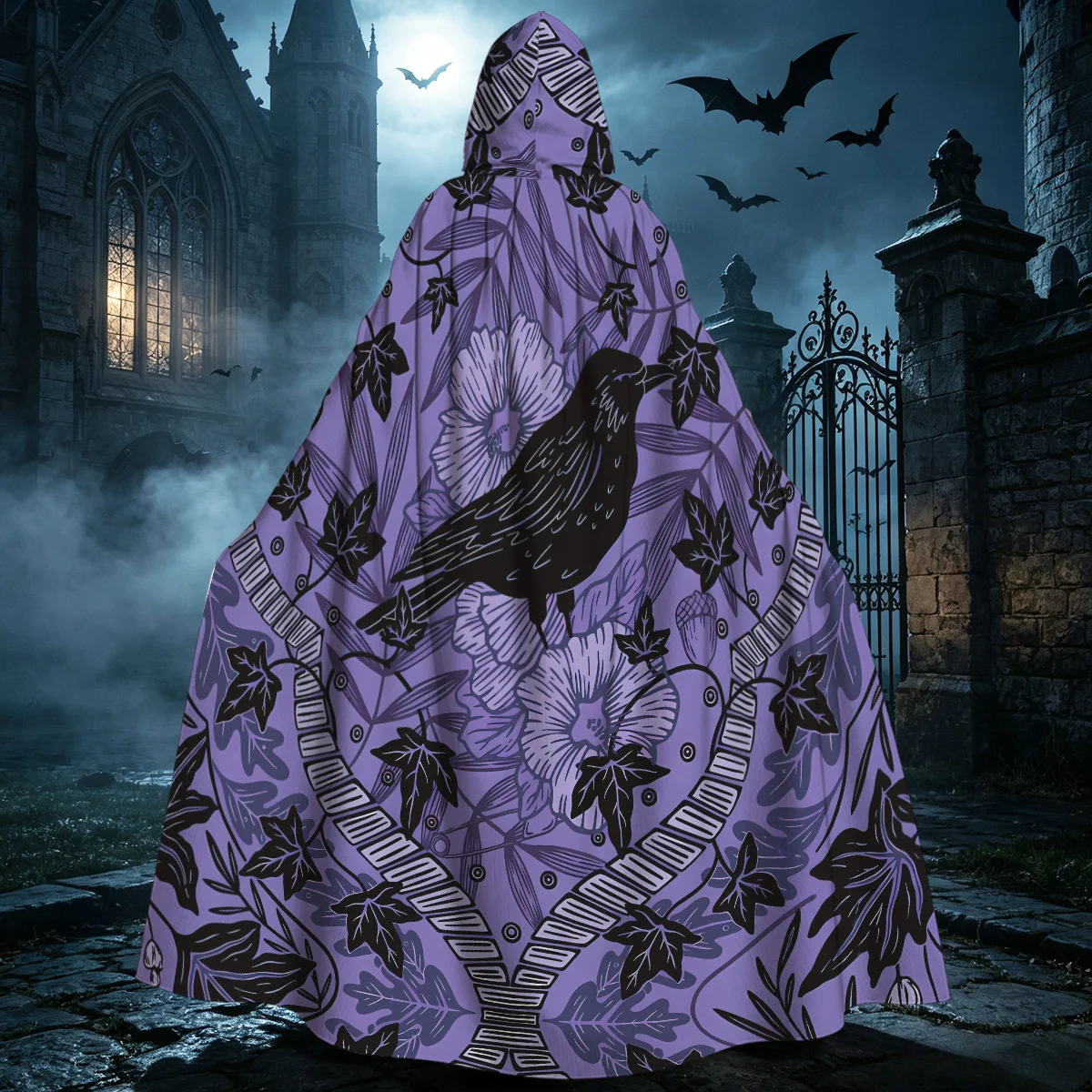 1pc Gothic Hooded Cloak Cape with Crow Ivy Floral Seamless Robe - Medieval Witch Wizard Costume Suitable for Halloween Cosplay
