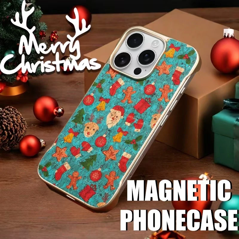 

Frameless Baking Paint Phone Case for iPhone 16 15 14 ProMax Christmas Style Leather For Magsafe Magnetic Wireless Charging Case