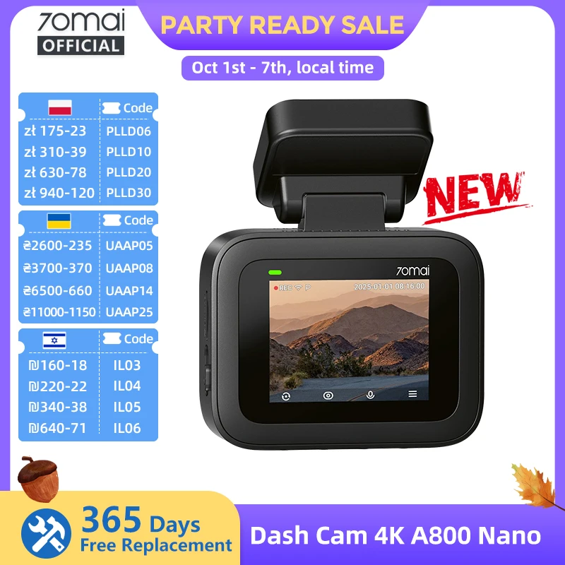 【Novità】70Mai Dash Cam 4K A800 Nano Telecamera Frontale F/1.55 Controllo Vocale Supercondensatore Modalità Parcheggio 24H Sensore G 70Mai A800 Nano