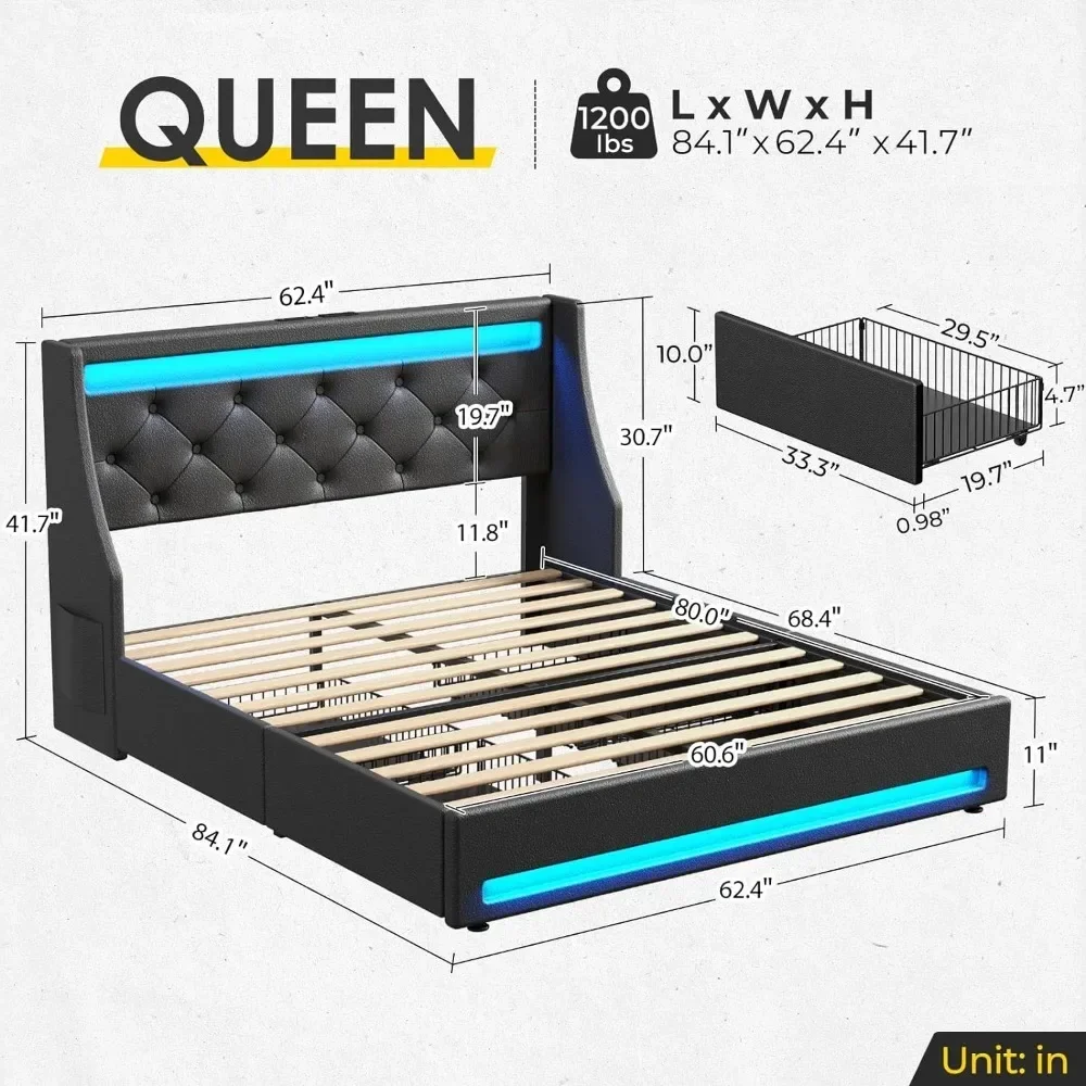 Queen size bed frame with LED light charging station, PU leather bed with drawers, wooden slats, noiseless and easy to assemble