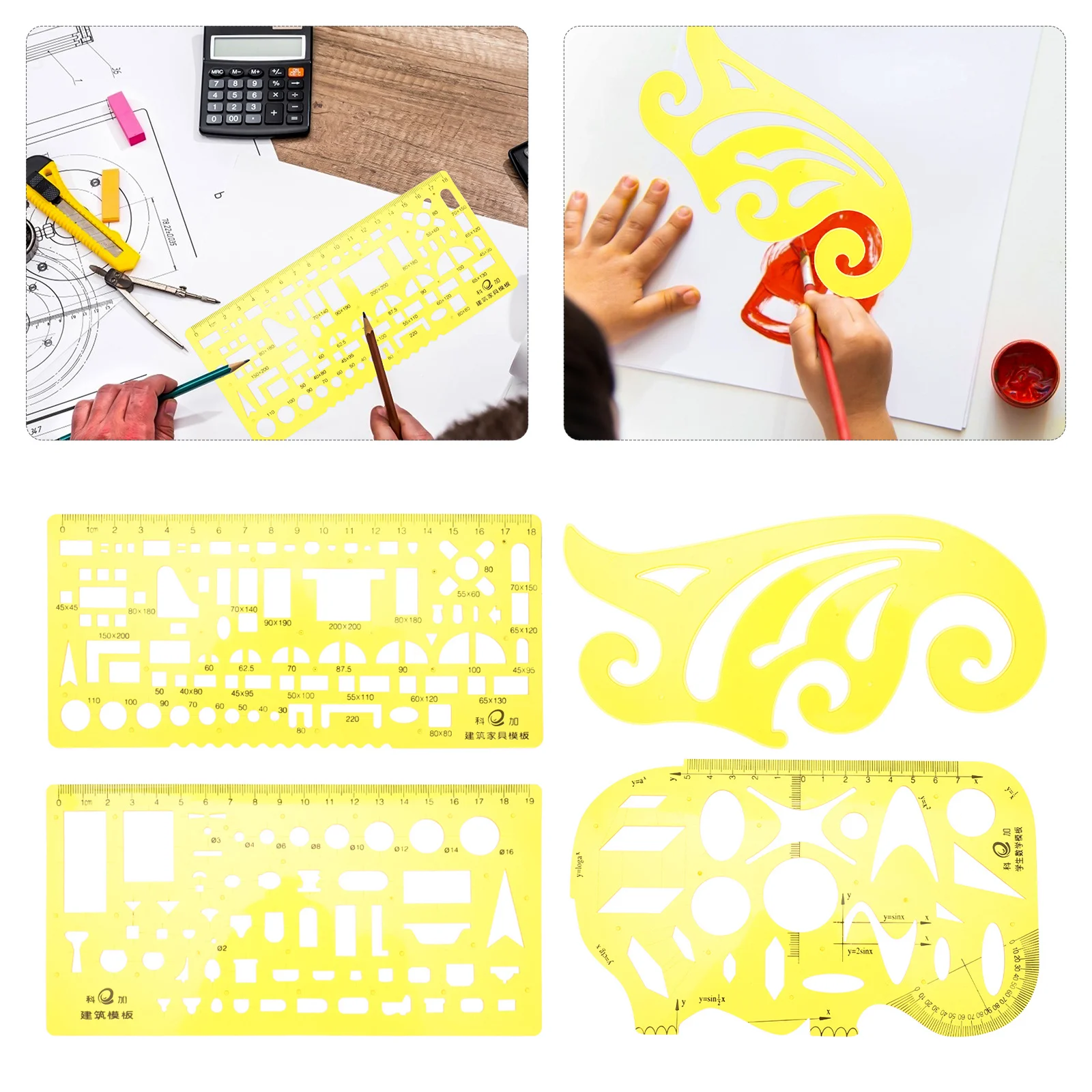 4pcs Painting Templates Geometric Drawing Rulers Set For Diy Measuring Hollow Architect Scales Engineering Drafting Tools