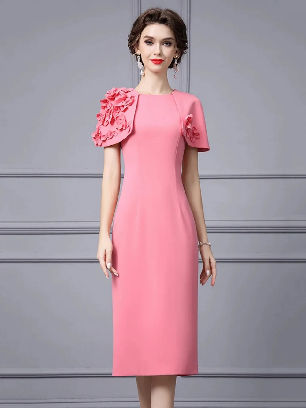 

2024 New Mother Dress Flowers O-Neck Short Sleeves Satin Formal Evening Dress Knee-Length Party Dress Business Reception dress