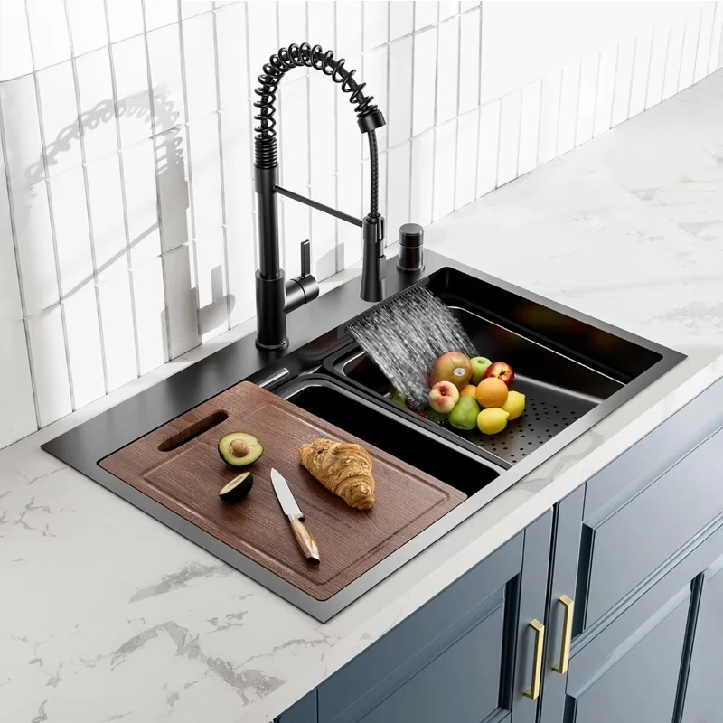 حوض مطبخ سميك من الفولاذ المقاوم للصدأ بفتحة واحدة متعدد الوظائف مقاوم للخدش حوض مطبخ شلال