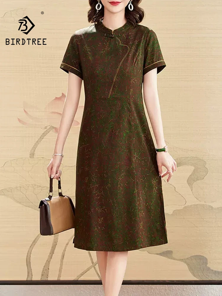 

BirdTree, 90%Real Silk Elegant Dresses, Women Short Sleeve Stand Printed, Loose Temperament Mom OL Dress, 2024 Summer D46304QC