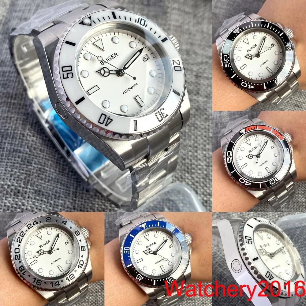 

New 43mm Bliger White Dial Luminous Ceramic Bezel NH35 MIYOTA 8215 PT5000 Automatic Movement Mens Watch Bracelet