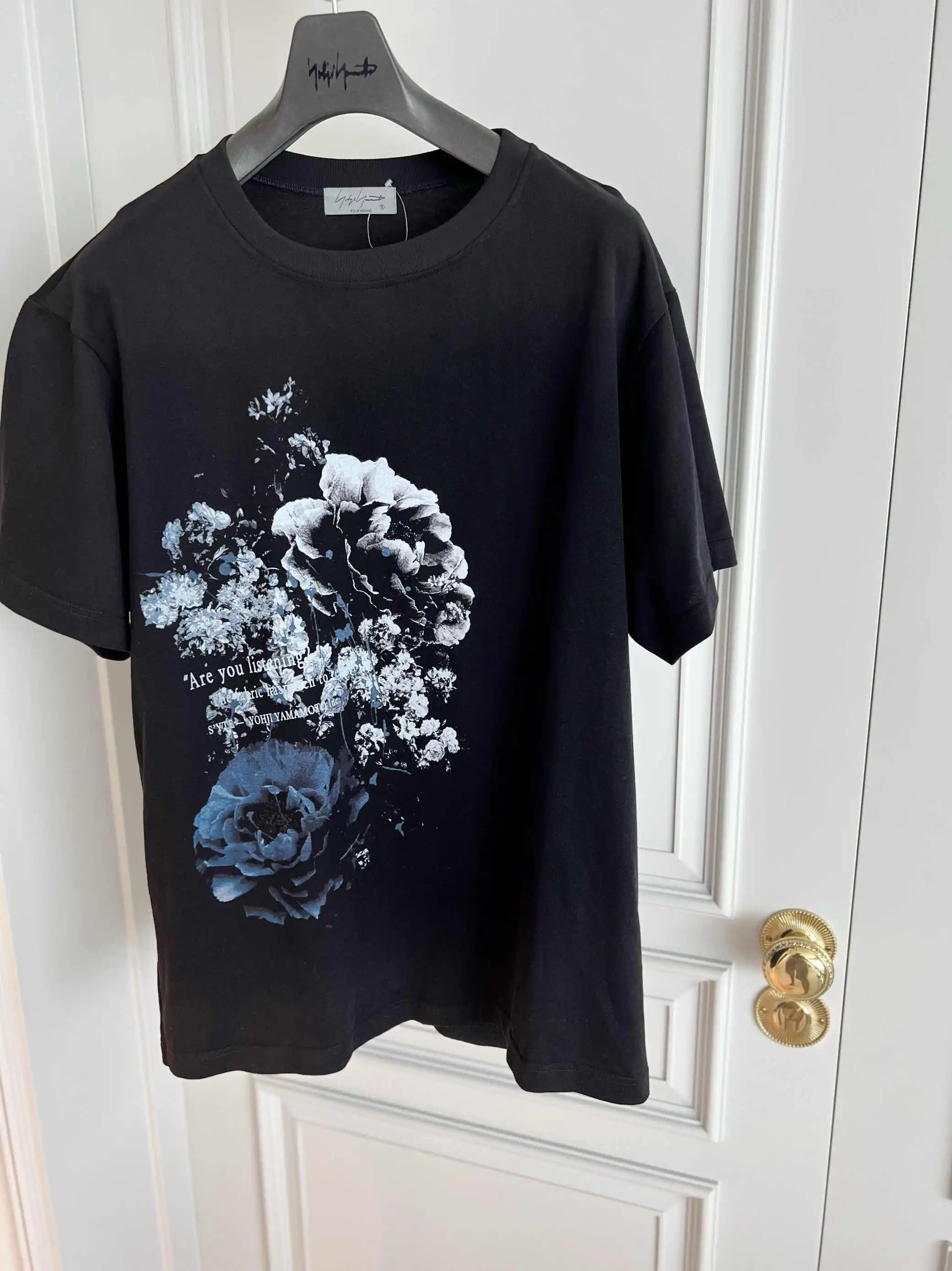 TOP-YAMAMOTO original Design Japanese-style original dark cotton cobalt blue flower message T-shirt