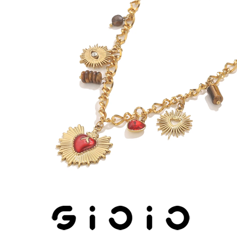 

GIOIO Stainless Steel Heart Pendant Necklaces Natural Stone Rhinestone Heart Gold Plated Necklace Gothic Punk Style Accessories