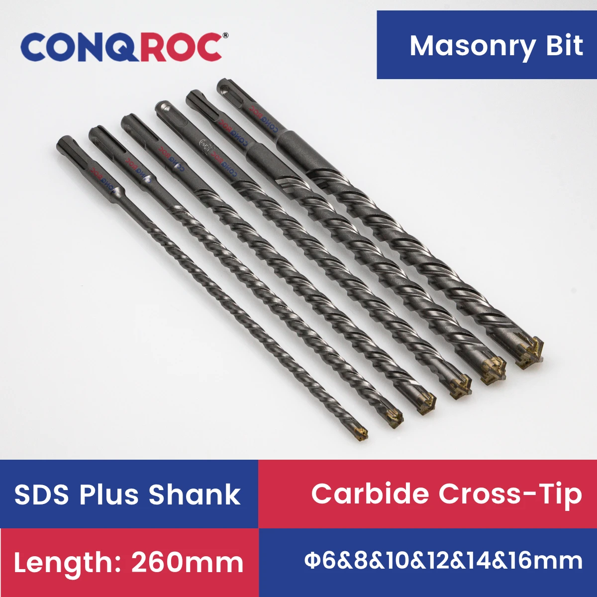 مجموعة لقم ثقب البناء SDS Plus Shank Length-260mm 6-Size Carbide-Cross-Tip Diameter-6&8&10&12&14&16mm للمطرقة الكهربائية