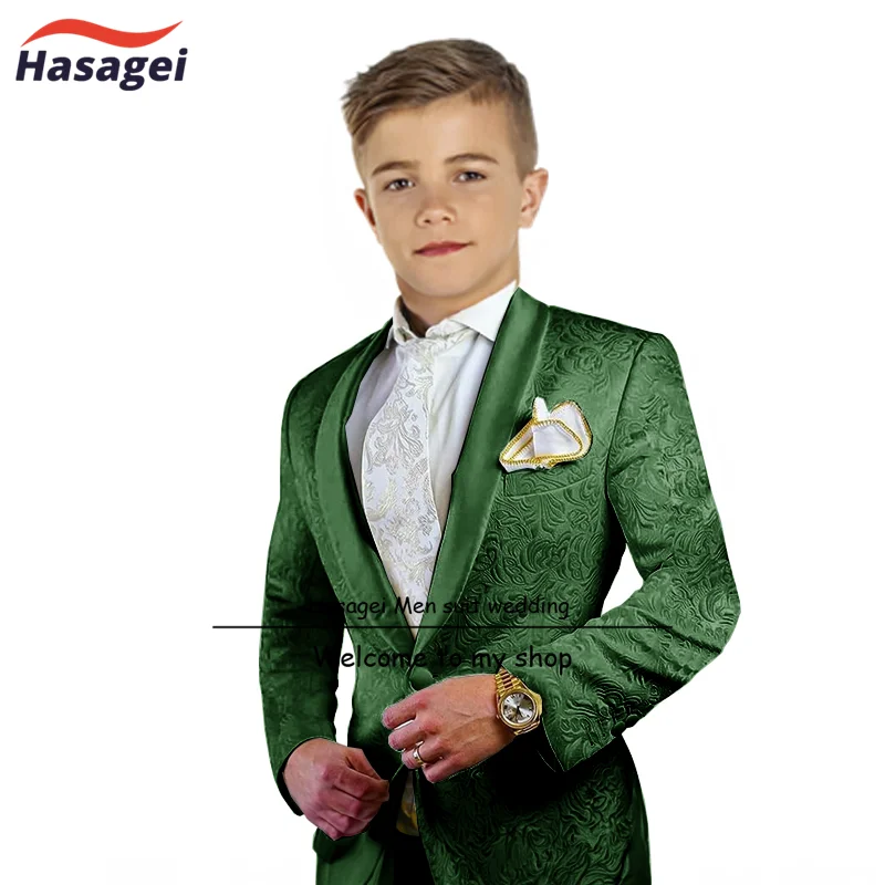 Traje de 2 piezas para niños, chaqueta estampada, pantalones, diseño de cuello de fruta verde, esmoquin de boda, ropa de escenario