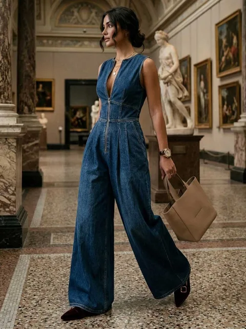 Yeezzi 2026 New Casual Sleeveless Denim Jumpsuits For Women High Waisted Wide Leg Loose Daily Wear Date Night Summer Jean Romper