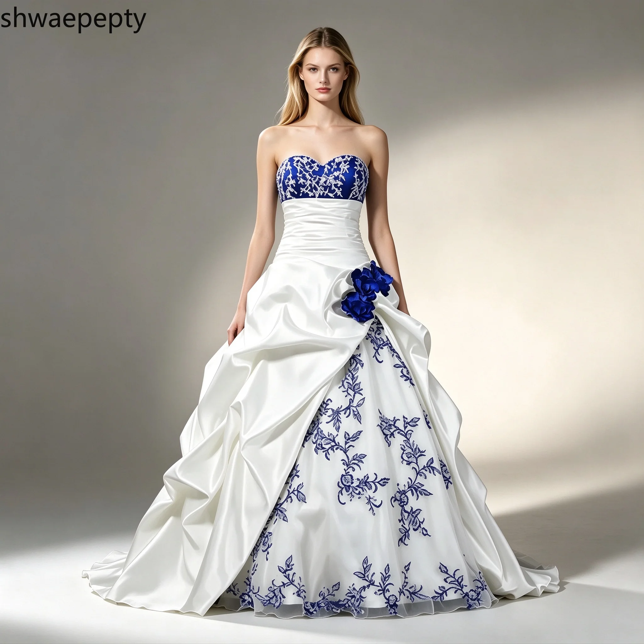 Clssic White and Bule Satin Wedding Dress Sweetheart Neck Sleeveless Ruched Embroidery Elegant Bridal Gown Customized
