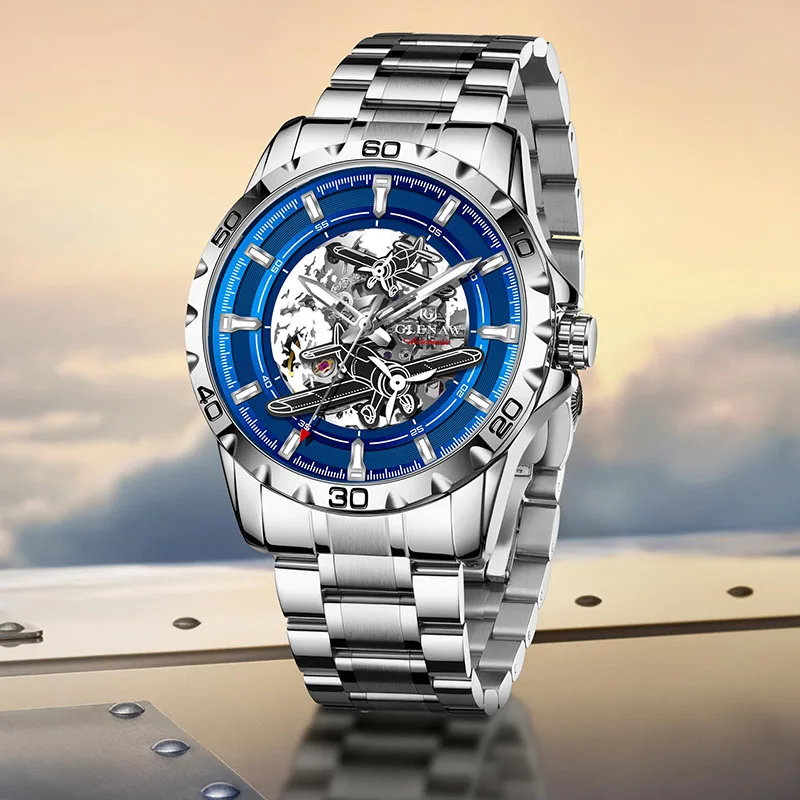 GLENAW 新しいパイロットシリーズメンズ腕時計中空高級自動機械式時計発光防水ステンレス鋼ストラップ時計