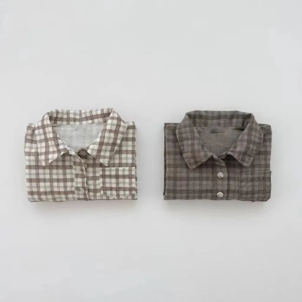 Childrens Climbing Clothes Spring and Summer Korean Version Checkered Lapel Simple Long Sleeved Bag Fart Jacket