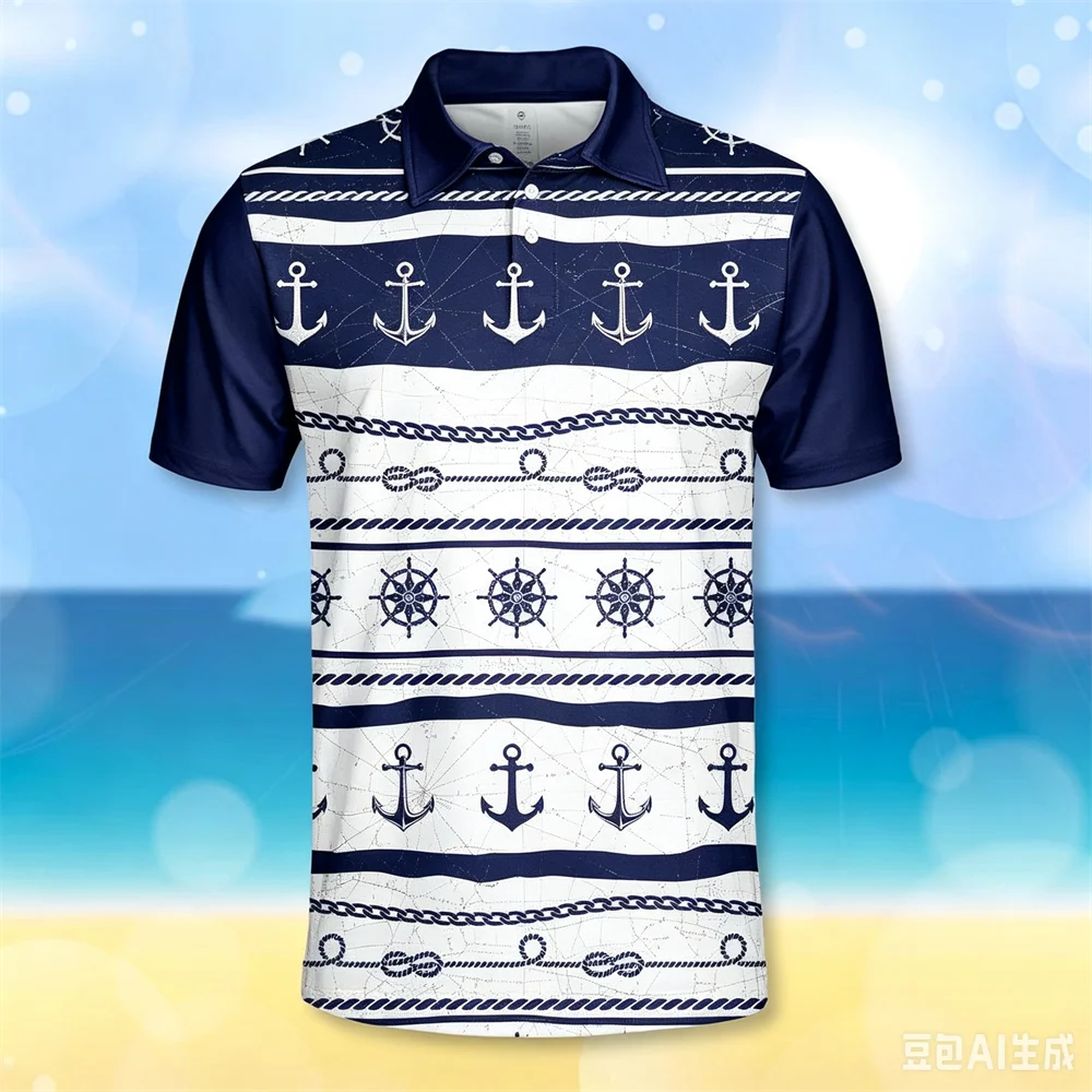 Mens Nautical Anchor Striped Polo Shirt Quick Dry Fabric Short Sleeve Tops For Sailing Fishing Beach Daily Summer Casual Wear