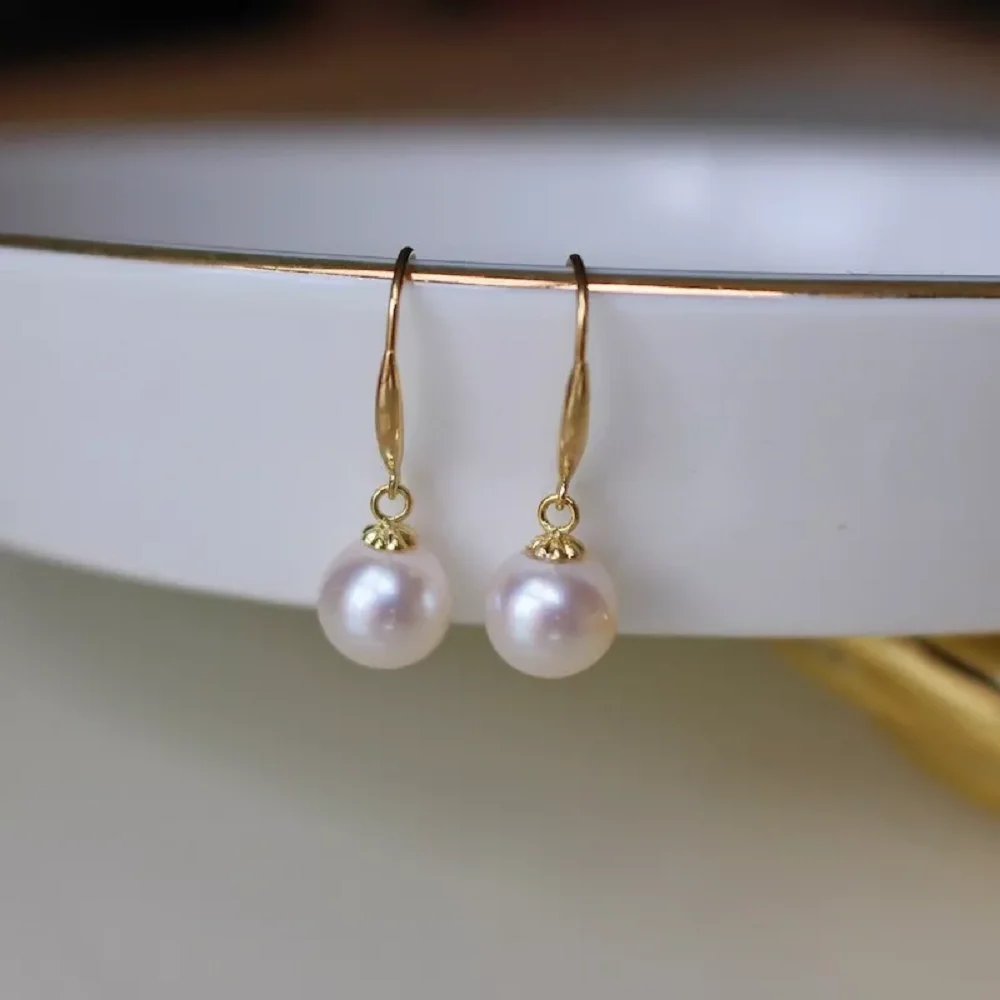 

Perfect Round 7-8mm AAA+White AKOYA Pearl Hook Earrings 14K Gold 7/10mm