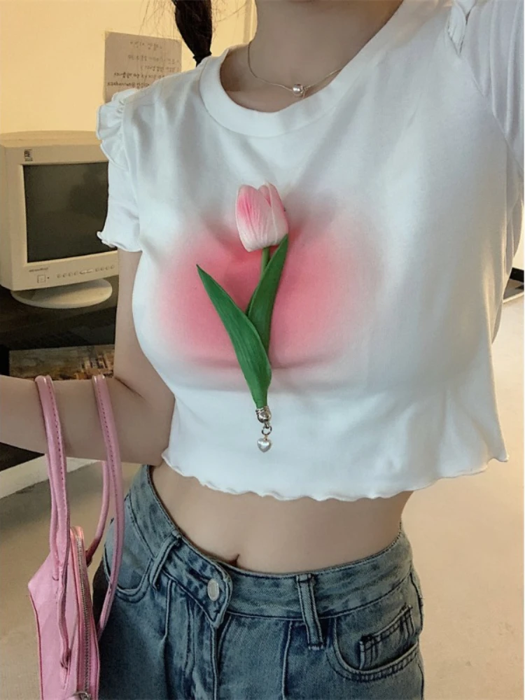 Summer Flower Sweet Kawaii T-Shirts Women Short Sleeve Casual Cute Blouses Female Holiday Style Korean Fashion Clothing 2022 New