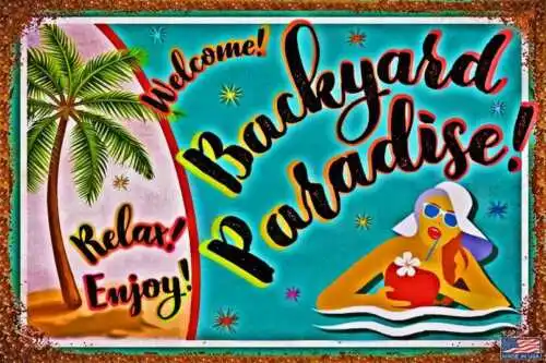 

Задний двор PARADISE 8 "X12" металлический знак LUAU TIKI бар Бассейн горячая ванна она линяет пляж