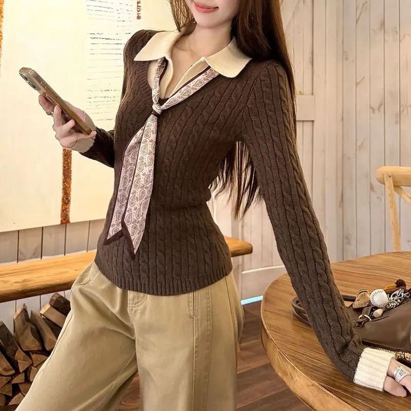 

Female Clothing Contrasting Colors Sweaters Fake Two Pieces Slim Autumn Winter Polo-Neck Patchwork Long Sleeve Knitted Pullovers