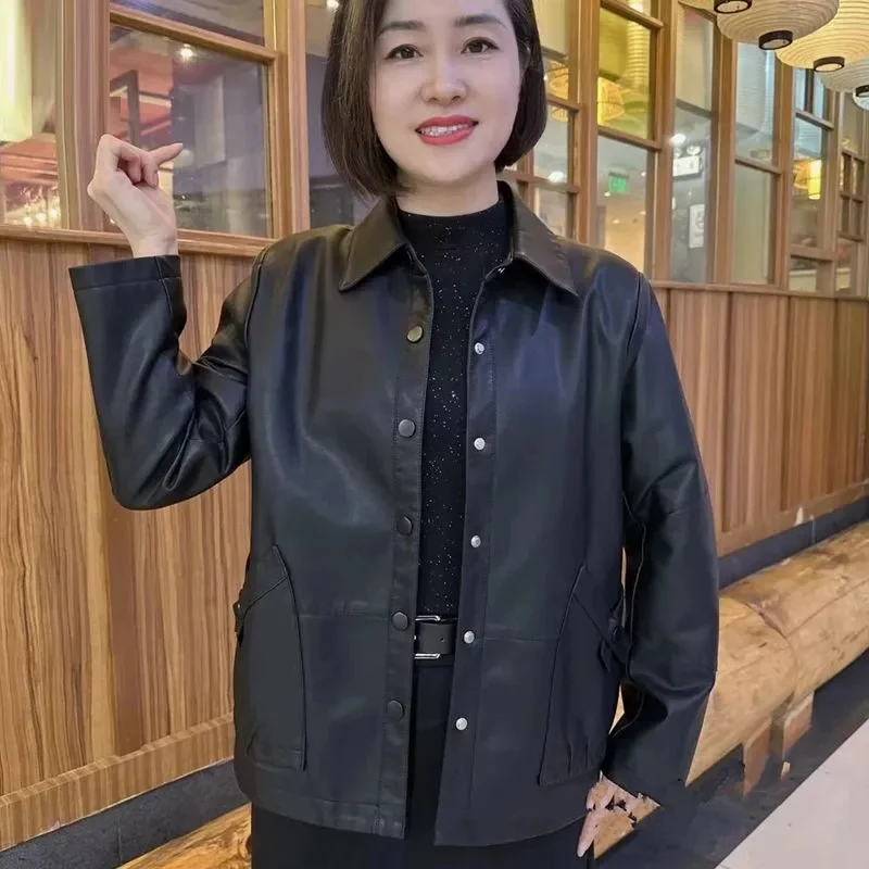 

Autumn Lady Large Size 5XL Faux Leather Top Outwear 2025 Women Fashion PU Leather Coat Korean Femme Lapel Faux Leather Jacket