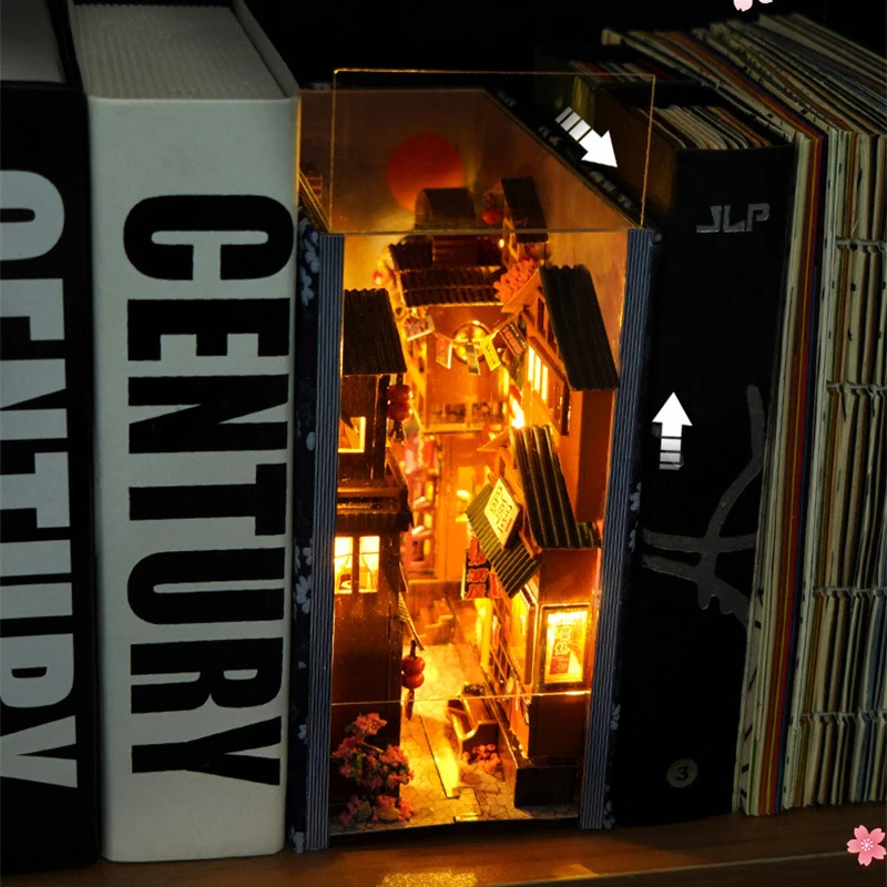 Giapponese retrò fai da te in legno libro angolo scaffale inserto kit di costruzione in miniatura Sakura Alley Home Bookend Decor regali fatti a