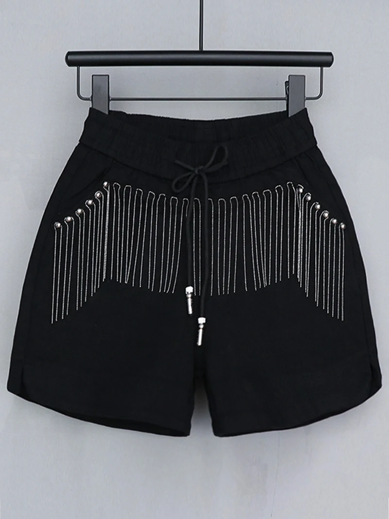 

High Waist Elastic Waist Short Pants Women's New Style Korean Version Heavy Embellished Fringe Rivet A-Line Wide Leg Trendy