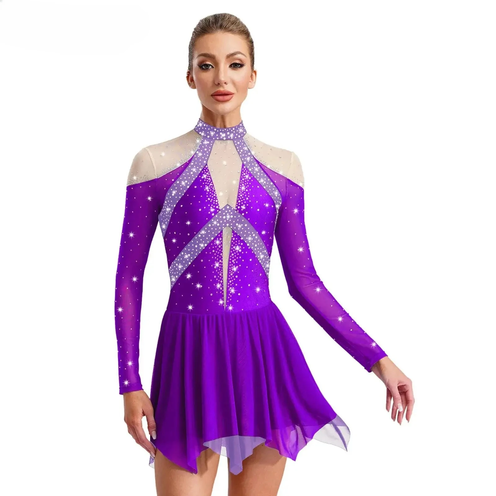 Trajes de Patinaje Artístico sobre Hielo para Mujer, Brillantes con Pedrería, Malla Transparente, Leotardo de Gimnasia, Ballet, Vestido para Danza Lírica