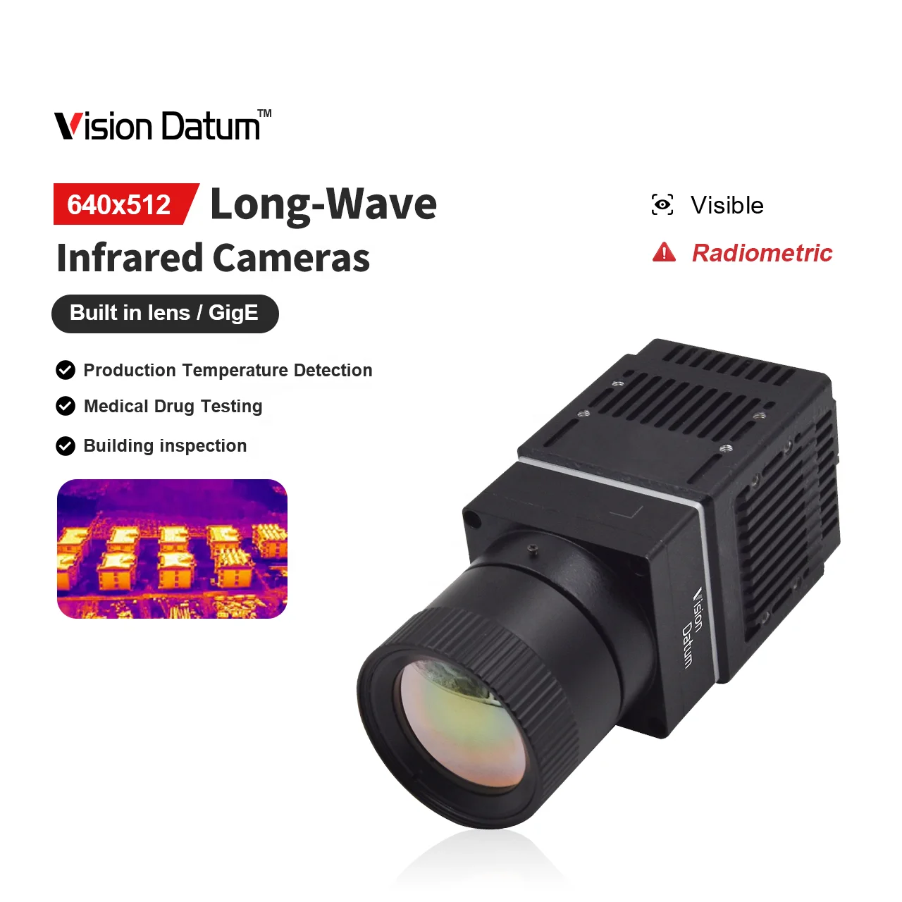 

Thermal Imaging 640x512 17μm 50fps Temp Measurement 15mm 25mm GigE Vision Industrial LWIR Camera For Chip Detection Analog