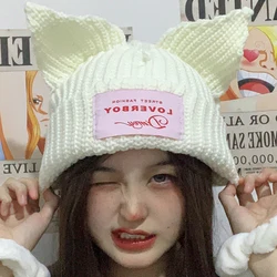 2024 Loverboy Cat Ear Knit Hat solid Warm Pig Ear Woolen Hat Cute Fashion Hooded Cap Niche Design Hip-hop Personality Cold Hat