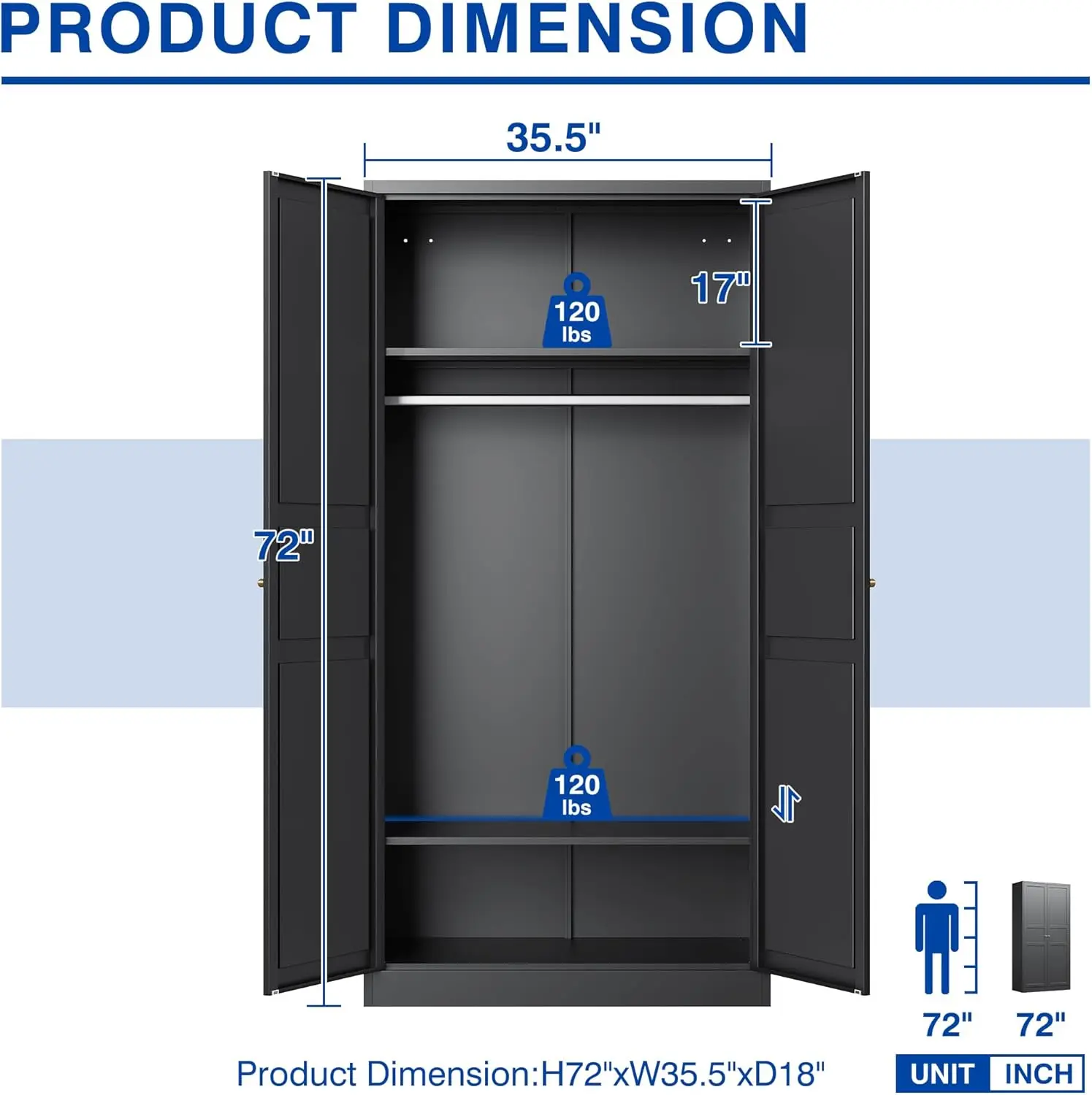 Wardrobe Closet with 2 Doors 72'' Wardrobe Cabinet with Hanging Rail Metal Closet with Adjustable Shelves for Bedr