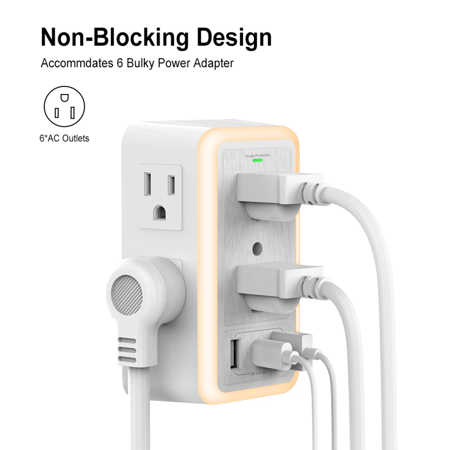 6 Outlet Wall Plug Extender with 3 USB (1 USB C) Charging Ports, Surge Protector Power Strip with Night Light for Home & Office
