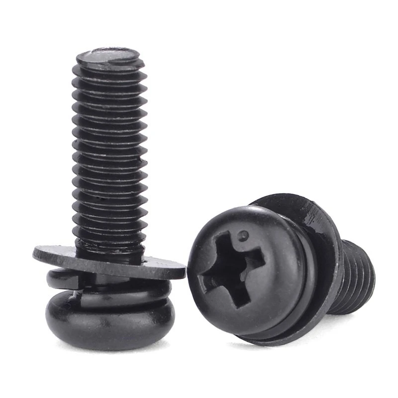 M2M2.5M3M4M5M6M8 Black Zinc-Plated Phillips Pan Head Three-Piece Combination Screws with Spring/Washers Flat-Head Bolt Screw Set
