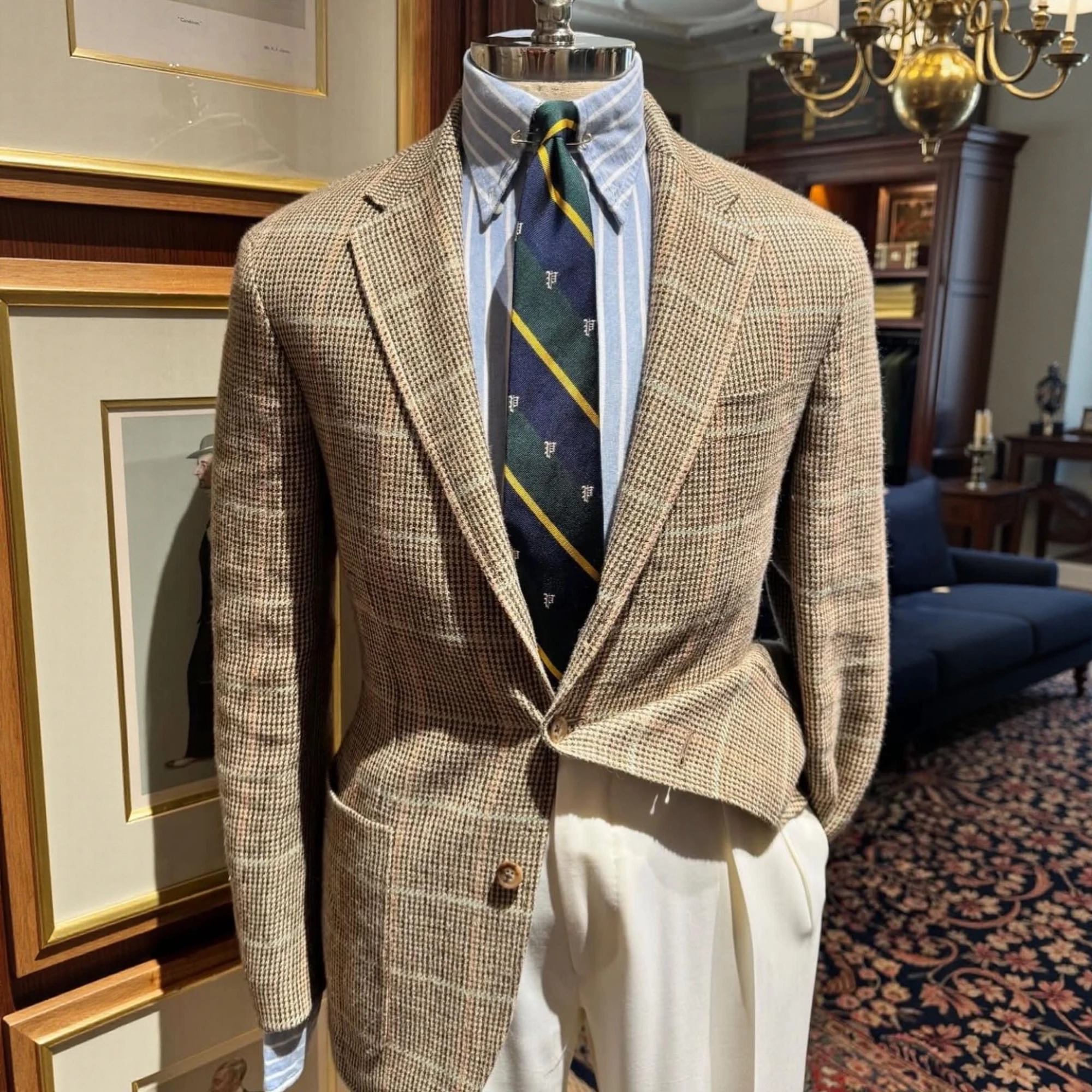 Classic Khaki Plaid Tweed Blazer with Notch Lapel and Patch Pockets Men Autumn Vintage Suit Jacket Customized M266805