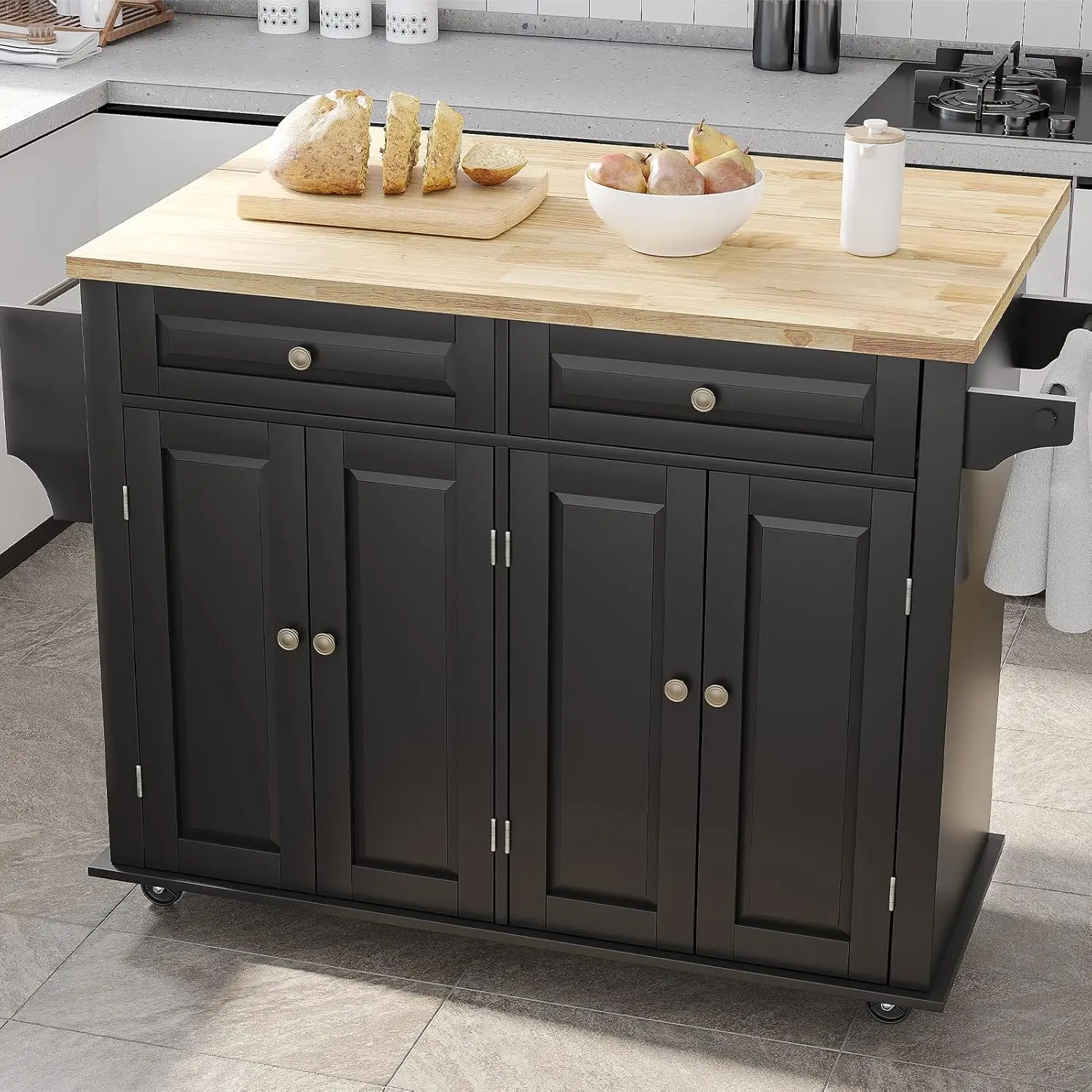 Rolling kitchen Island with fallen leaves - Kitchen cart storage cabinet, rubberwood top and rack and drawers, black