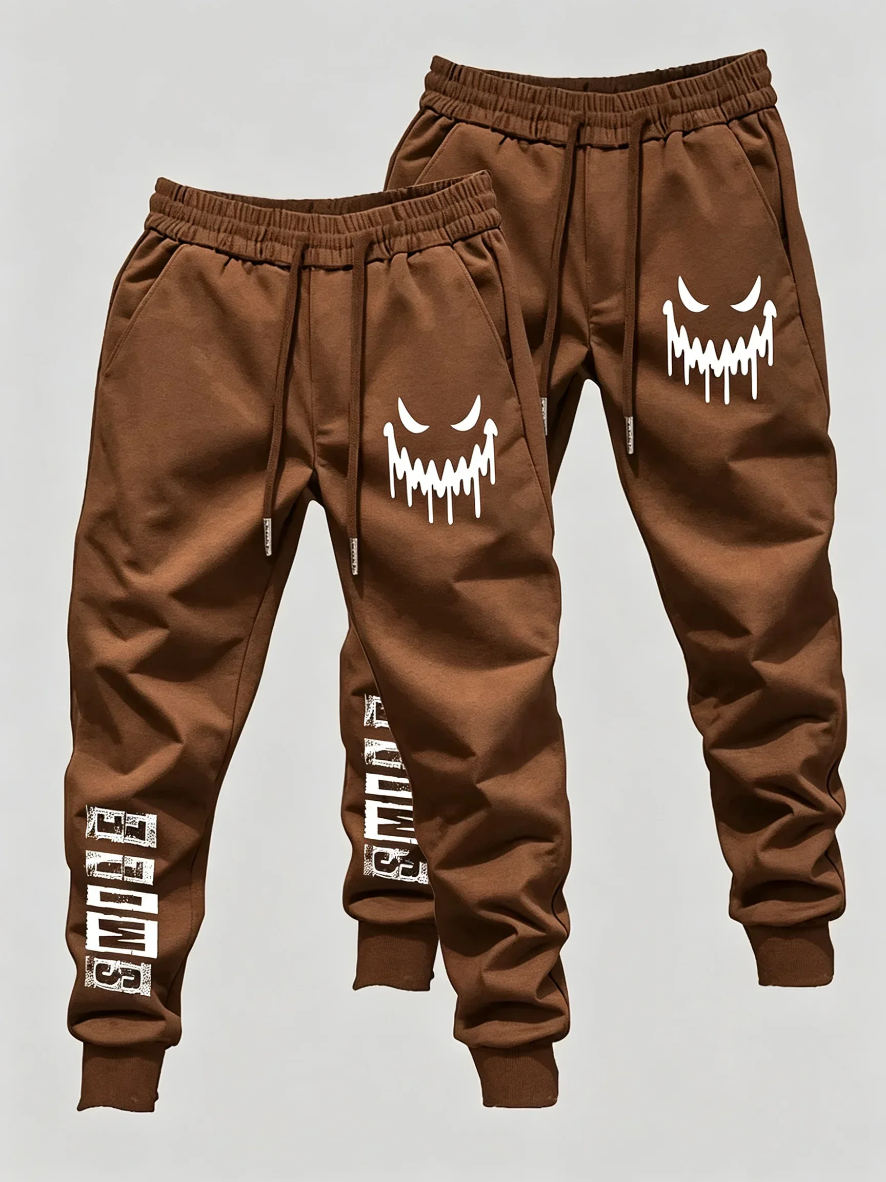 2er-Pack Herren-Freizeit-Jogginghosen mit gruseligem Dämonengesicht-Motiv, elastischem Bund, gerippten Bündchen an den Knöcheln, Streetwear, Lauf- und Fitnesshosen – Detail 3