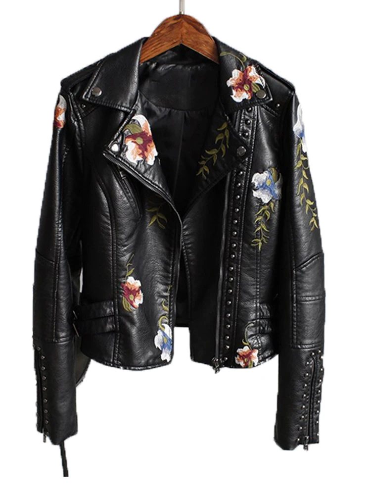 Women Pu Floral Print Embroidery Faux Soft Leather Jacket Coat  Turn-down Collar Casual Pu Motorcycle Black