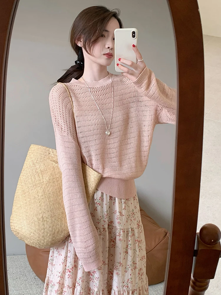 

Ice Silk Hollow out Thin Women's Shirt Breathable Slimming Summer New Style Air Conditioning Top Soft Long Sleeve round Neck