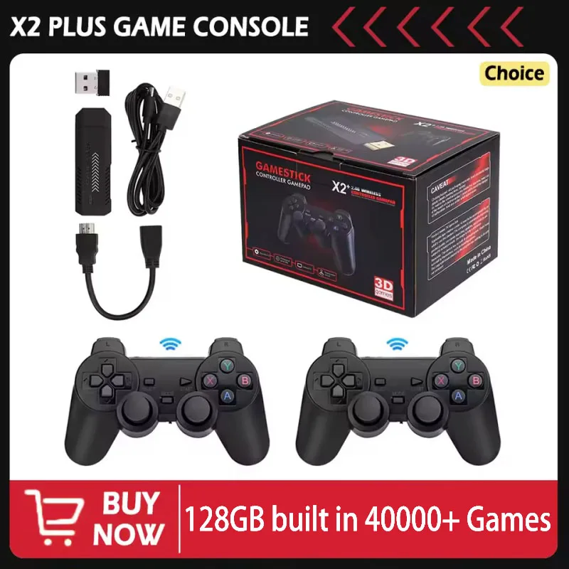 

X2 Plus Game Stick 128G 4K Ultra HD Video Game Console – 2 Wireless Controllers, 4000+ Retro Games – Perfect Holiday Gift