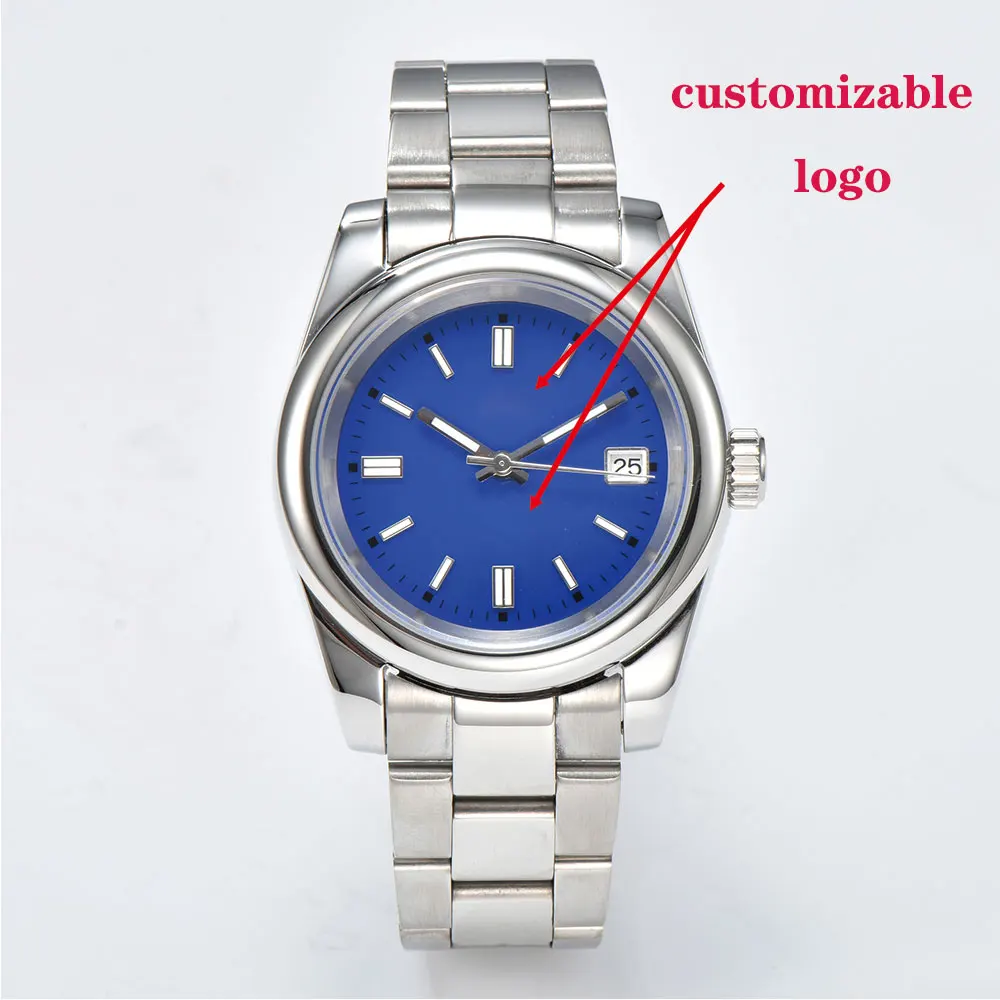 39 มม.นาฬิกาผู้ชาย NH35 อัตโนมัติ Sapphire Glass สายสแตนเลสปรับแต่งโลโก้ธุรกิจนาฬิกาผู้ชาย