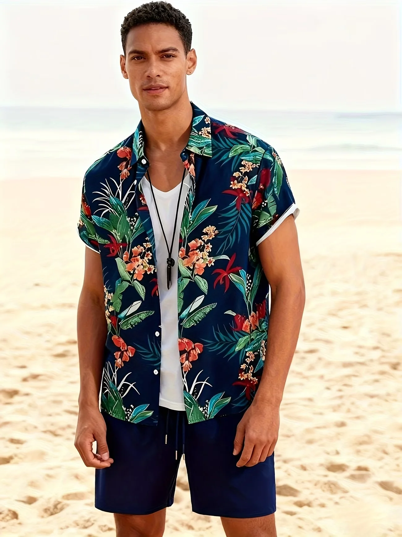 Plus Size Men's Hawaiian Floral Print 2-Piece Outfit Tropical Short Sleeve Shirt & Elastic Waist Shorts Set Casual Summer Beach